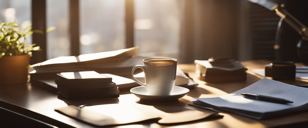 Egy zsúfolt íróasztal szétszórt papírokkal és tollal, egy csésze gőzölgő kávé és egy ablak, amely beengedi a meleg napfényt.