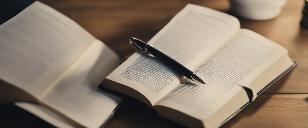 Egy toll lebeg egy üres lap felett, készen arra, hogy szabadjára engedje a szavak erejét. A közelben egy halom könyv ül, amely az író írási szenvedélyét inspirálja.