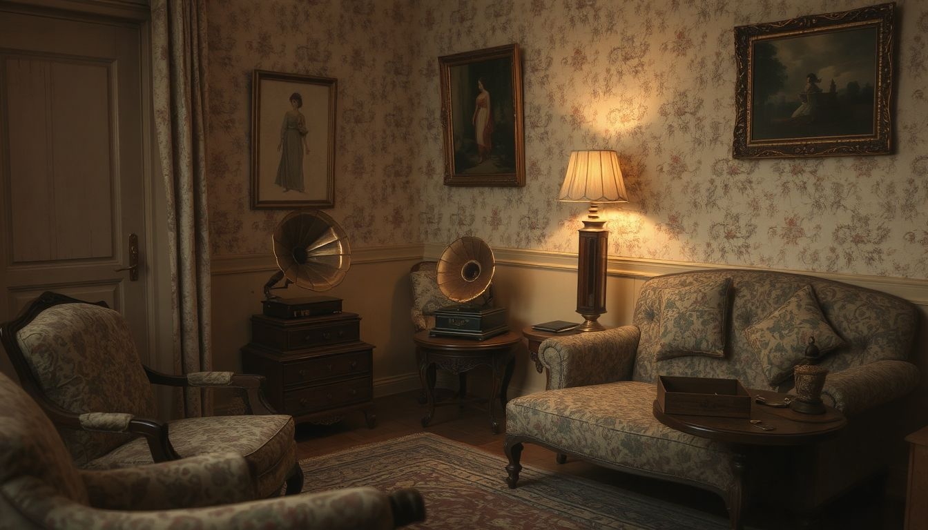 Régi fa bútorok és antik lámpák teremtenek vintage hangulatot.