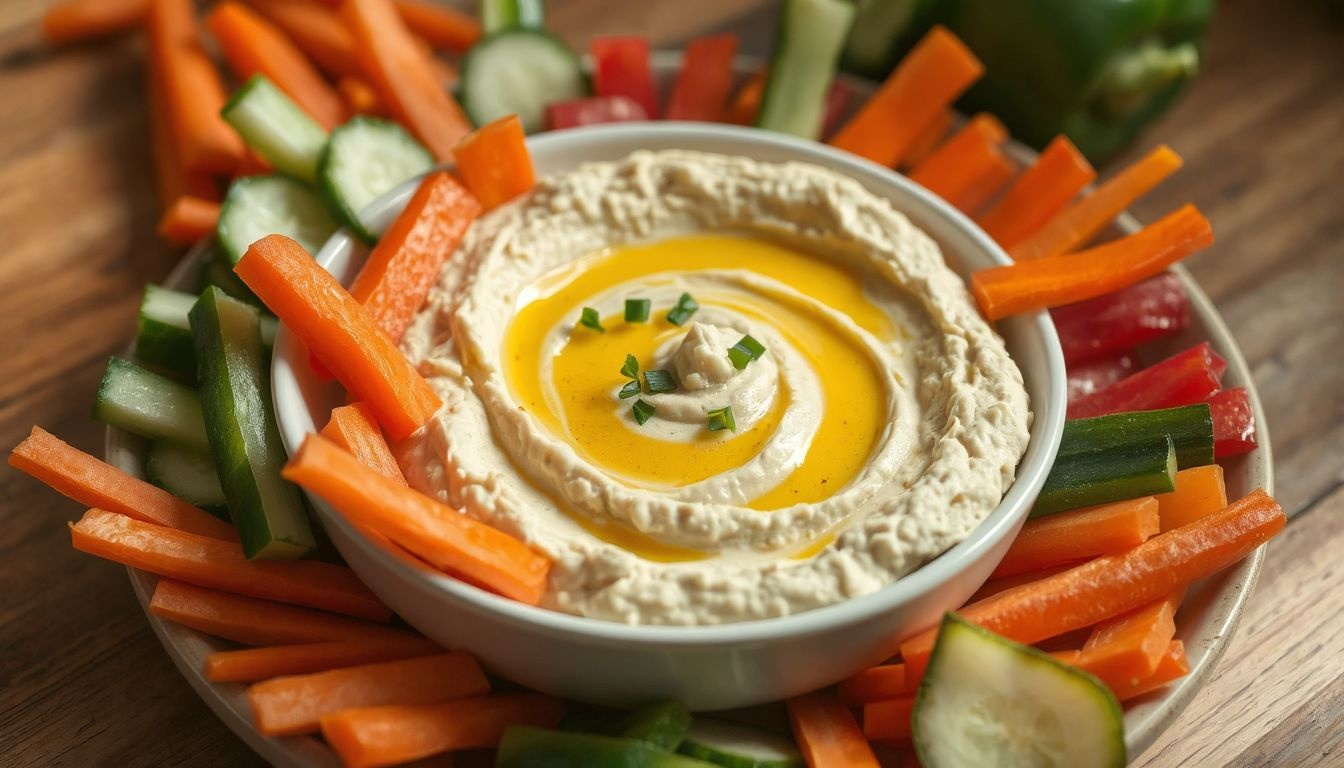 A hummusz gazdag fehérjében, a zöldségek pedig rostban.