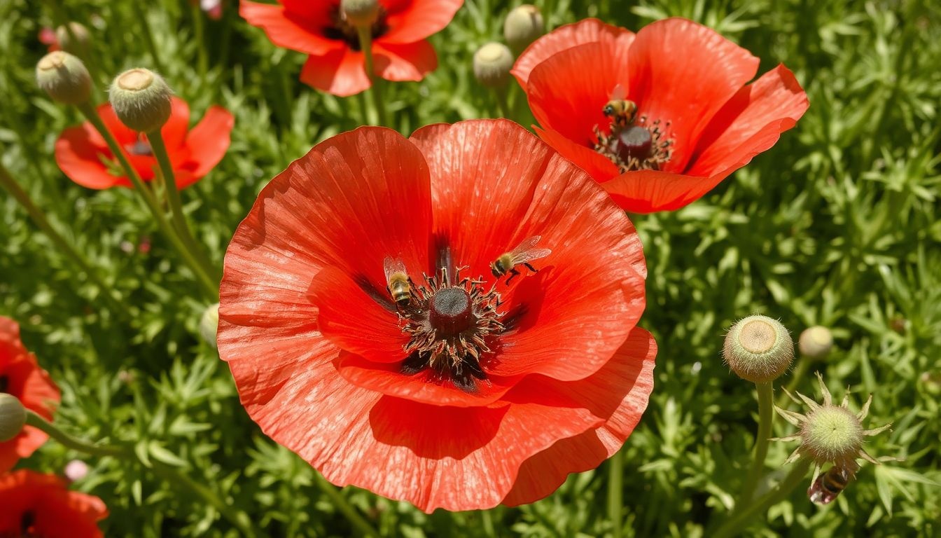 A mák virágai gazdag nektárforrások a méhek számára.