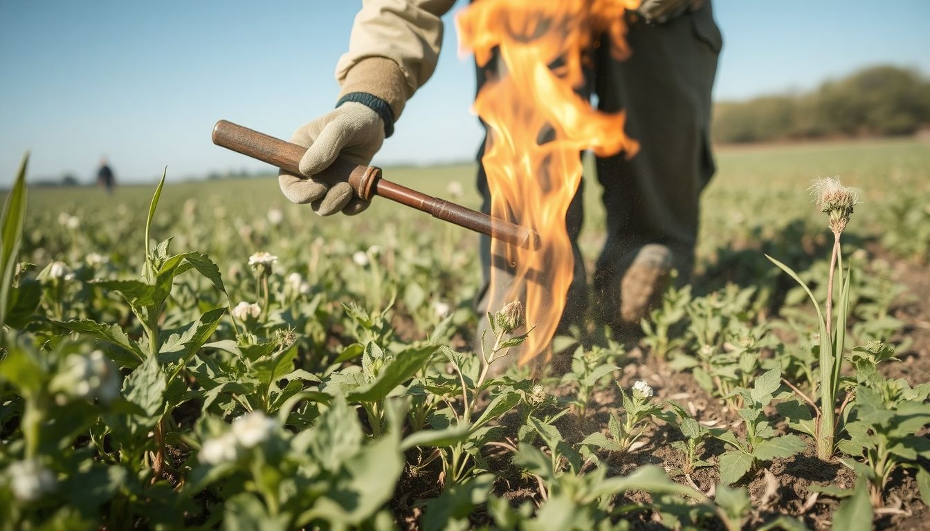 A lánggal gyomirtás gyors és vegyszermentes, de tűzveszélyes.