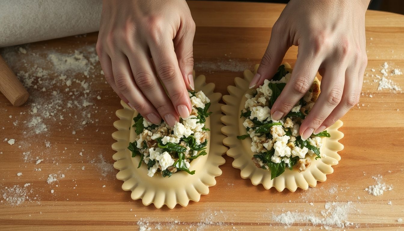 A friss ricotta-spenót töltelék klasszikus olasz ravioli alap.