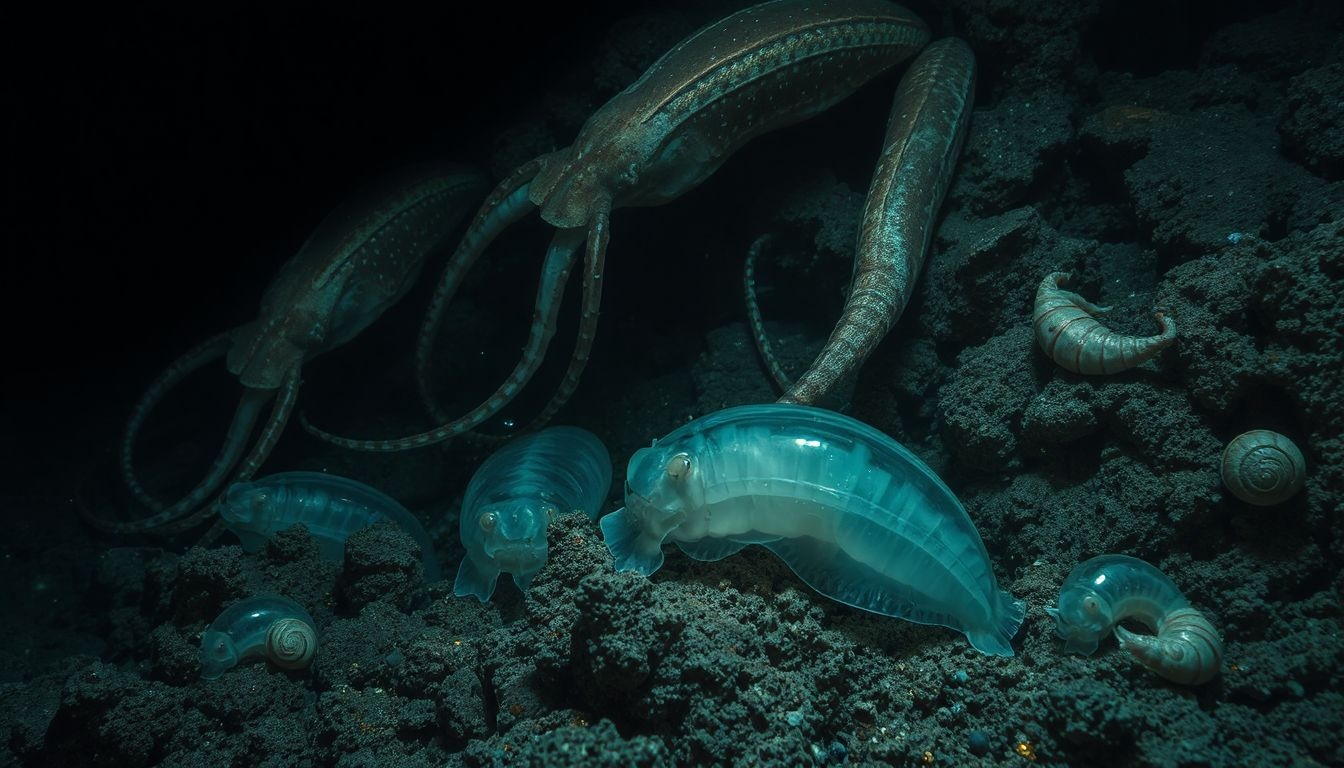 Óriás tintahalak sötét mélyben éjszakai biolumineszcenciával vadásznak.