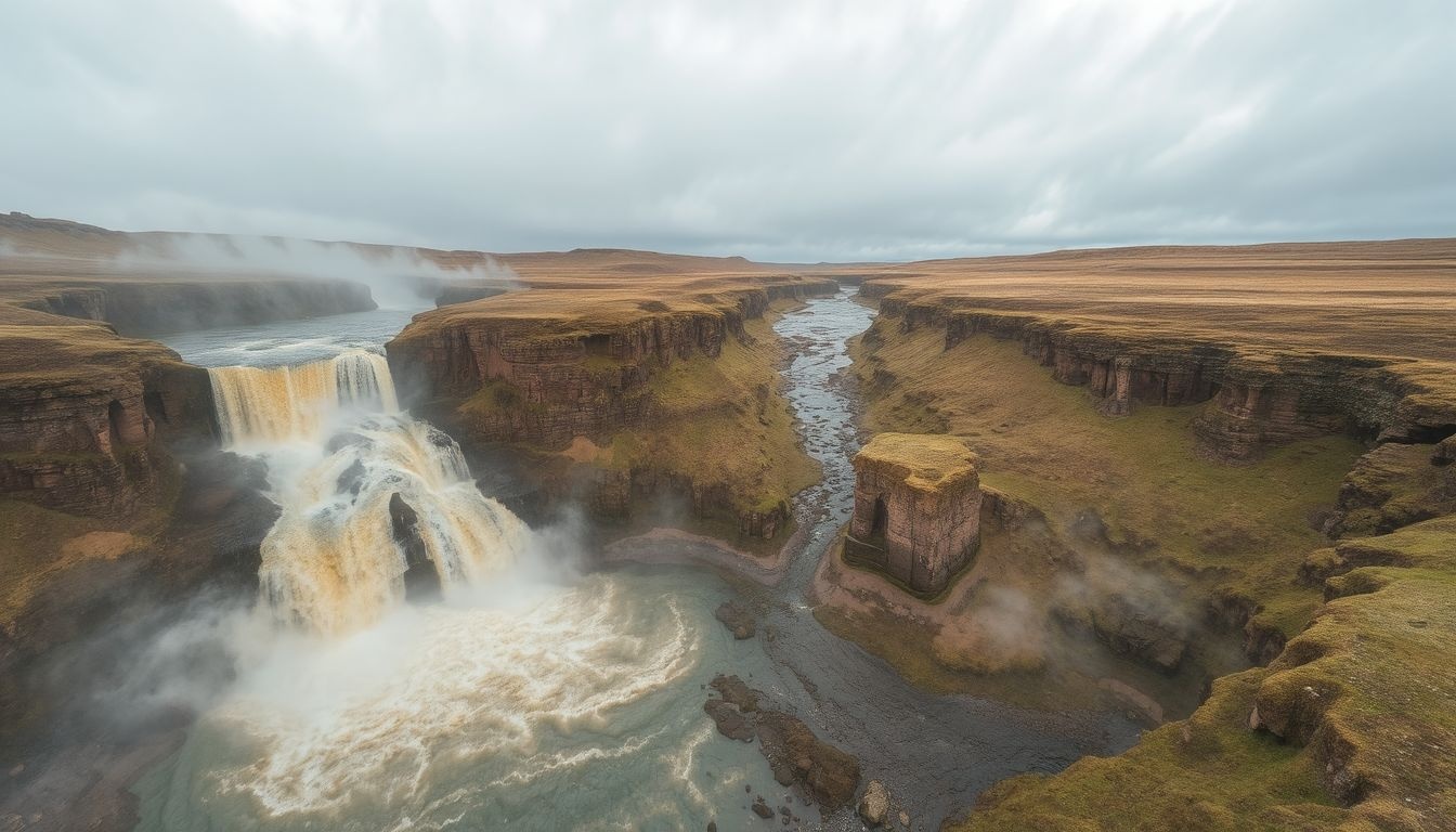A Gullfoss kettős zuhataga Izland aranyszínű vízesése.