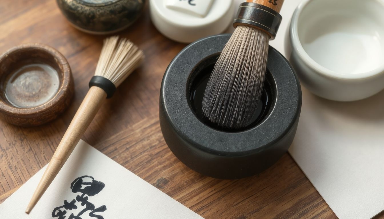 A japán kalligráfiában ecsettel és tuskával alkotnak művészi jeleket.