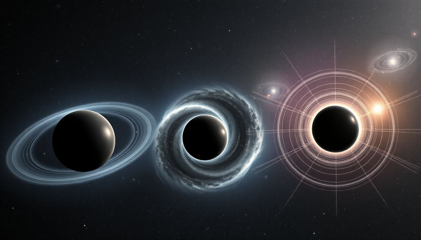 Az eseményhorizont geometriája Schwarzschild, Kerr és Reissner-Nordström metrikákkal.
