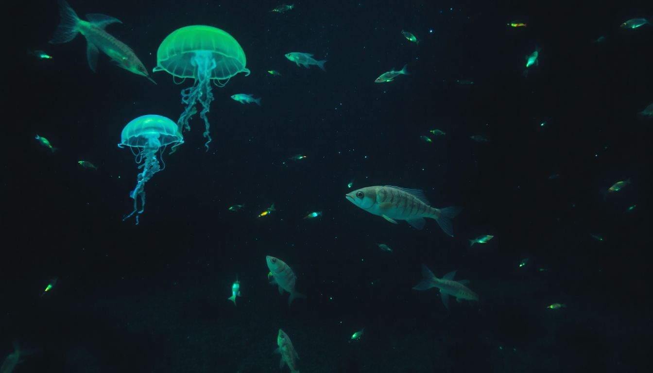 A biolumineszcencia fényt produkál a sötét tenger mélyén.