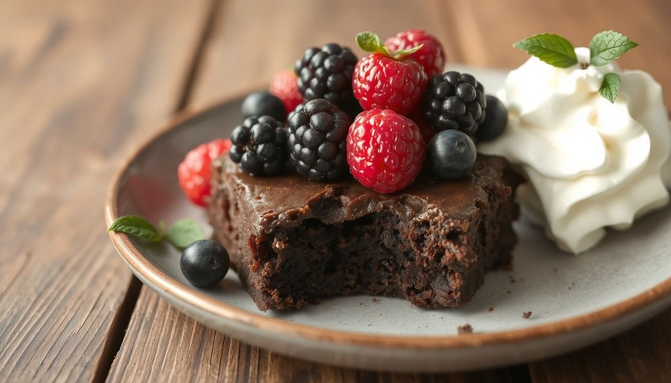 A tejszínhab és gyümölcs tökéletes kontrasztot ad a brownie-nak.