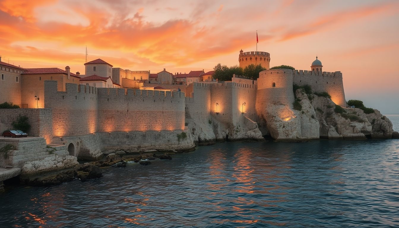 Dubrovnik várfalai naplementekor aranyló fényben ragyognak.