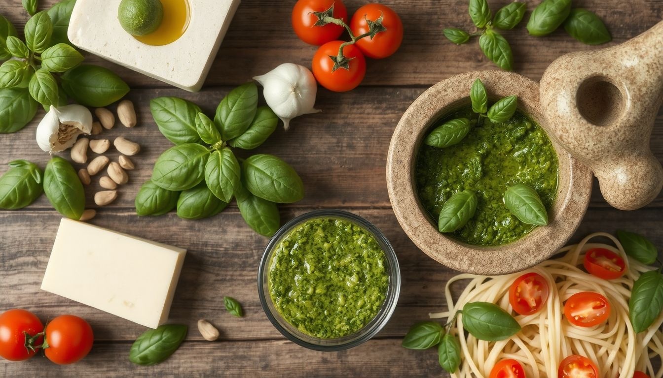 A pesto friss bazsalikommal és parmezánnal igazán mennyei ízű.