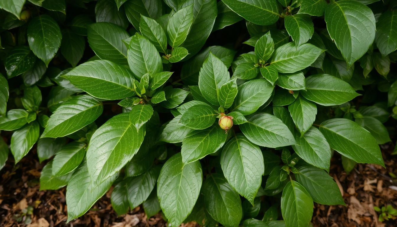 Aucuba japonica árnyékban is szép, fényes leveleket nevel.