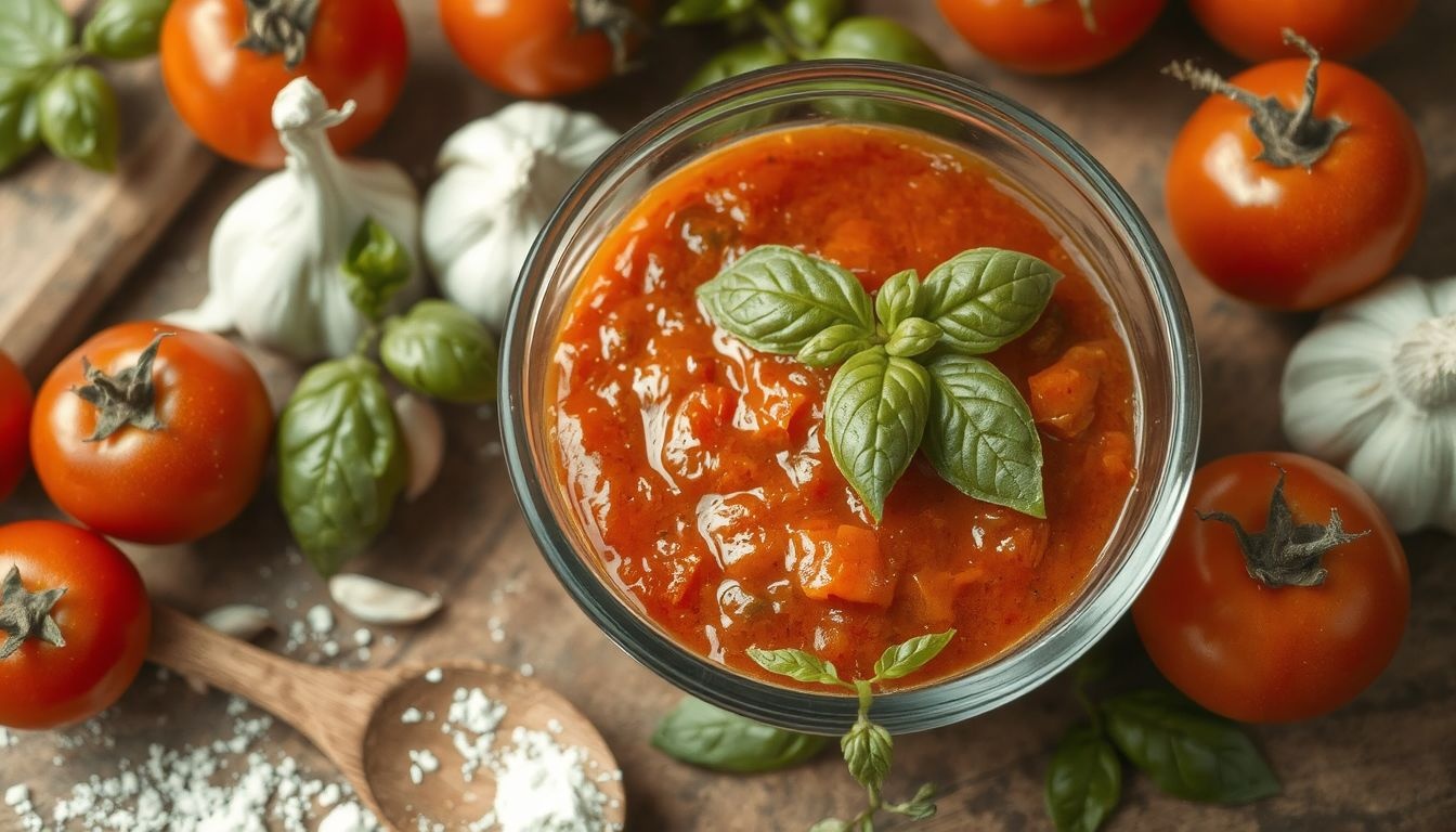 A klasszikus házi pizzaszósz friss paradicsomból készül, tartósítószer nélkül.