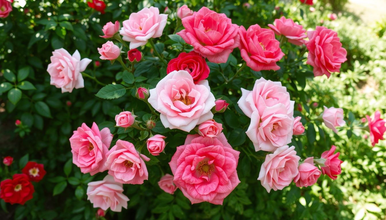 A floribunda rózsák gazdag virágzása egész nyáron tart.