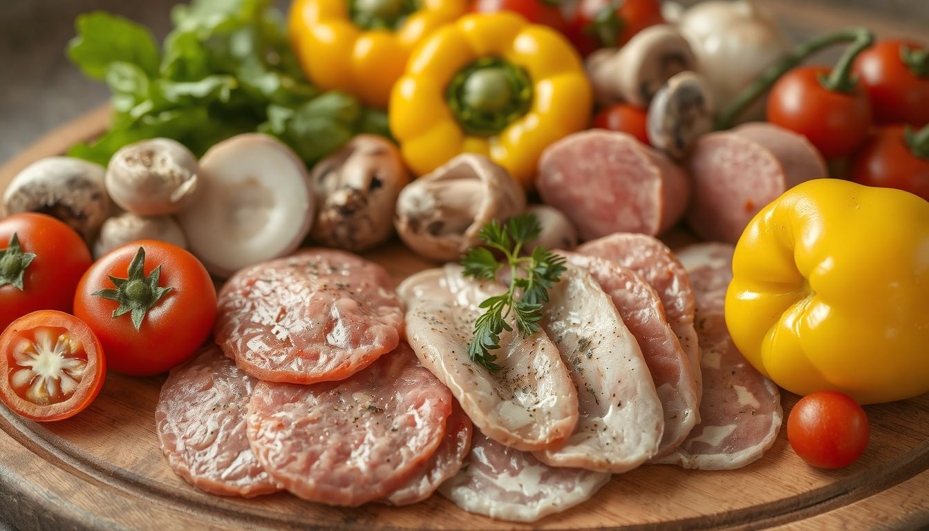 Friss rozmaring és sült paprika gazdagítja a húsos pizza ízét.