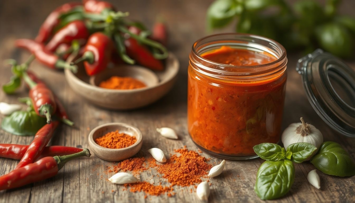 A chili paprika és cayenne bors fokozza a pizzaszósz tüzes ízét.